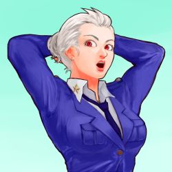 Rule 34 | 1girl, arms behind head, breast pocket, dorohedoro, earrings, jewelry, lips, military, military uniform, necktie, noi (dorohedoro), open mouth, pocket, red eyes, satou saccharin, solo, uniform, white hair
