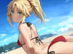 Rule 34 | 1girl, ass, bare shoulders, beach, bikini, blonde hair, blue sky, blush, braid, breasts, fate/grand order, fate (series), french braid, green eyes, grin, hair ornament, hair scrunchie, halterneck, highres, long hair, looking at viewer, mordred (fate), mordred (fate) (all), mordred (swimsuit rider) (fate), mordred (swimsuit rider) (first ascension) (fate), parted bangs, ponytail, red bikini, red scrunchie, scrunchie, side-tie bikini bottom, sidelocks, sky, small breasts, smile, solo, string bikini, swimsuit, tonee
