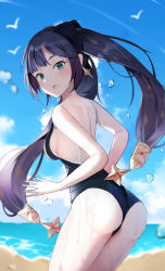 Rule 34 | 1girl, absurdres, aqua eyes, ass, beach, blue sky, bow, breasts, competition swimsuit, day, earrings, from behind, genshin impact, hair bow, hair ornament, highres, jewelry, long hair, looking at viewer, looking back, mona (genshin impact), ocean, one-piece swimsuit, purple hair, redshark (t373412), sideboob, sky, swimsuit, twintails, very long hair, wet