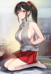 Rule 34 | 1girl, bare shoulders, black hair, breasts, brown eyes, commentary request, grey sweater, hair ribbon, highres, indoors, large breasts, looking at viewer, medium hair, original, ponytail, red ribbon, red skirt, ribbon, sitting, skirt, sleeveless, sleeveless sweater, socks, solo, sweater, thighs, turtleneck, wariza, white socks, yaegashi nan