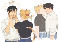 Rule 34 | 1boy, 1girl, amestris military uniform, animal ears, black hair, black shirt, blonde hair, breasts, calico, cat ears, cat girl, cat tail, collared shirt, commentary, covered face, earrings, english commentary, facing away, folded ponytail, fullmetal alchemist, hands on another&#039;s face, heart, highres, holding another&#039;s wrist, jewelry, kemonomimi mode, large breasts, licking, licking another&#039;s face, licking another&#039;s lips, long sleeves, military, military uniform, paw print, profile, raicchi (raicchi96), riza hawkeye, roy mustang, shirt, short hair, simple background, sketch, spoken paw, stud earrings, tail, tight clothes, tight shirt, uniform, white background, white shirt