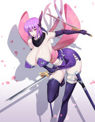 Rule 34 | 1girl, absurdres, ayane (doa), bow, breasts, cleavage, dead or alive, dual wielding, fingerless gloves, fwaf, gloves, headband, highres, holding, huge breasts, large bow, lipstick, makeup, ninja, ninja gaiden, open mouth, purple hair, scarf, short hair, sleeveless, static808wave, sword, thighhighs, wakizashi, weapon
