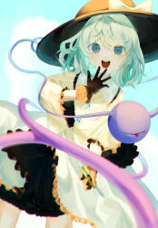 Rule 34 | 1girl, :d, adapted costume, aqua hair, black gloves, black skirt, blue eyes, blurry, bow, boxcutter, chromatic aberration, commentary request, depth of field, eyebrows hidden by hair, flat chest, gloves, hand up, hat, hat bow, highres, holding, komeiji koishi, blue background, looking at viewer, medium hair, open mouth, osakana, perspective, round teeth, simple background, skirt, smile, solo, teeth, third eye, touhou, upper teeth only, wide sleeves, yellow bow
