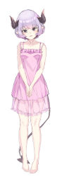 Rule 34 | 1girl, absurdres, bare arms, bare shoulders, barefoot, blush, collarbone, commentary request, demon girl, demon horns, demon tail, dress, frilled dress, frills, full body, hair between eyes, highres, horns, looking at viewer, original, own hands together, parted lips, pink dress, pointy ears, purple eyes, purple hair, see-through, short hair, simple background, sleeveless, sleeveless dress, smile, solo, standing, tail, white background, yuuji (yukimimi)