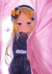 Rule 34 | 1girl, abigail williams (fate), akirannu, black bow, black dress, black hat, blonde hair, blue eyes, blush, bow, bug, butterfly, commentary request, curtain grab, curtains, dress, fate/grand order, fate (series), hair bow, hat, highres, insect, long hair, long sleeves, looking at viewer, multiple hair bows, orange bow, parted bangs, polka dot, polka dot bow, sleeves past fingers, sleeves past wrists, smile, solo