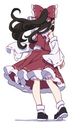 Rule 34 | 1girl, absurdres, bare shoulders, black footwear, black hair, bow, detached sleeves, frilled skirt, frills, from behind, full body, hair bow, hair tubes, hakurei reimu, highres, japanese clothes, kame (kamepan44231), long hair, nontraditional miko, red bow, red skirt, ribbon-trimmed sleeves, ribbon trim, shoes, sidelocks, simple background, skirt, socks, solo, standing, touhou, white background, white sleeves, white socks, wide sleeves