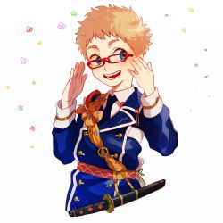 Rule 34 | 10s, 1boy, :d, bad id, bad pixiv id, blonde hair, blue eyes, blush, double-breasted, fang, flower, glasses, hakata toushirou, looking to the side, male focus, military, military uniform, open mouth, red-framed eyewear, sho-kichi, short sword, smile, solo, sword, tantou, touken ranbu, uniform, upper body, weapon