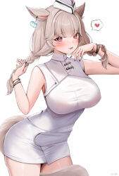 Rule 34 | 1girl, :p, absurdres, animal ears, black nails, blush, bracelet, braid, breasts, brown eyes, cat ears, cat girl, cat tail, covered erect nipples, dress, ear ornament, facial mark, final fantasy, final fantasy xiv, heart, highres, holding, holding own hair, jewelry, large breasts, light brown hair, long hair, looking at viewer, miqo&#039;te, shhilee, simple background, sleeveless, sleeveless dress, slit pupils, solo, spoken heart, tail, tight clothes, tight dress, tongue, tongue out, twin braids, warrior of light (ff14), whisker markings, white background, white dress, white headwear