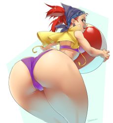 Rule 34 | 1girl, ass, ball, bandana, beachball, bikini, cameltoe, goggles, goggles on head, guppi, leaning forward, looking at viewer, looking back, open mouth, purple bikini, red hair, short twintails, smile, solo, stormcow, swimsuit, twintails, xtreme sports