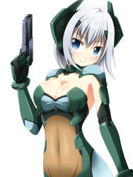 Rule 34 | 10s, 1girl, armor, blue eyes, blush, bracer, breastplate, breasts, cleavage, covered navel, cowboy shot, date a live, elbow gloves, finger on trigger, gauntlets, gloves, gorget, groin, gun, hand up, handgun, head tilt, headgear, holding, holding gun, holding weapon, khnchak, leotard, looking at viewer, medium breasts, navel, parted lips, pauldrons, pistol, see-through, short hair, shoulder armor, sideboob, silver hair, simple background, solo, standing, taut clothes, tobiichi origami, weapon, white background