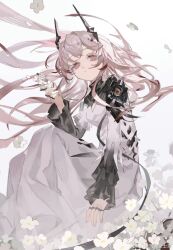 Rule 34 | 1girl, arknights, black gemstone, commentary request, dress, flower, highres, holding, holding flower, horns, jewelry, long hair, long sleeves, looking at viewer, material growth, multiple rings, oripathy lesion (arknights), pink eyes, pink hair, ring, sitting, solo, theresa (arknights), very long hair, weibo watermark, white dress, white flower, zhi kao zhishi cha