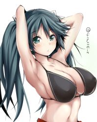 Rule 34 | 10s, 1girl, :/, armpits, arms up, artist name, bare arms, bare shoulders, bikini, bikini top only, blue eyes, blue hair, blush, breasts, cleavage, closed mouth, collarbone, expressionless, fuyu mi, hair ribbon, isuzu (kancolle), kantai collection, large breasts, long hair, looking at viewer, matching hair/eyes, midriff, navel, red skirt, ribbon, sideboob, simple background, skirt, solo, stomach, swimsuit, tareme, twintails, upper body, white background, white ribbon