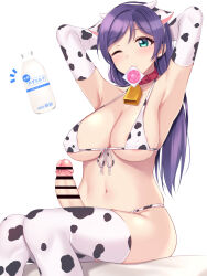 Rule 34 | 1girl, animal ears, animal print, aqua eyes, areola slip, armpits, arms up, bar censor, bell, bikini, bottle, breasts, censored, chinese zodiac, closed mouth, collar, condom, condom in mouth, covered erect nipples, cow ears, cow print, cow print bikini, elbow gloves, erection, fake animal ears, fake horns, front-tie bikini top, front-tie top, futanari, gloves, halterneck, highres, horns, large breasts, long hair, love live!, love live! school idol project, milk, milk bottle, mobukichi, mouth hold, navel, neck bell, print bikini, print gloves, print thighhighs, purple hair, red collar, simple background, sitting, skindentation, smile, solo, string bikini, swept bangs, swimsuit, thighhighs, tojo nozomi, twintails, white background, year of the ox