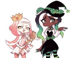 Rule 34 | + +, 2girls, bad id, bad tumblr id, bare arms, black dress, black hair, black hat, black pantyhose, blouse, bow, cape, cephalopod eyes, charamells, closed mouth, collared shirt, commentary, cowboy shot, crown, dangle earrings, dark-skinned female, dark skin, dress, earrings, english commentary, fang, frilled shirt, frilled shirt collar, frills, fur-trimmed cape, fur trim, gradient hair, green bow, green eyes, green hair, green nails, green pantyhose, green ribbon, halloween costume, hat, hat bow, hat ornament, heart, heart-shaped gem, heart print, heart wand, height difference, high collar, holding, holding wand, jewelry, long hair, long sleeves, marina (splatoon), medium hair, mole, mole under mouth, multicolored hair, multiple girls, neck ribbon, nintendo, open mouth, pantyhose, pearl (splatoon), pink cape, pink gemstone, pink hair, pink pantyhose, pink pupils, pink ribbon, ribbon, shirt, short dress, simple background, sleeveless, sleeveless shirt, smile, splatoon (series), star (symbol), star hat ornament, star print, strapless, strapless dress, striped clothes, striped pantyhose, teeth, tentacle hair, thick eyebrows, torn clothes, torn dress, two-sided fabric, two-sided headwear, two-tone pantyhose, unmoving pattern, upper teeth only, waist bow, wand, white background, white shirt, white sleeves, witch, witch hat, yellow crown, yellow eyes