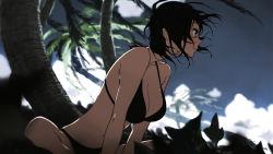 Rule 34 | 1girl, bikini, black bikini, black hair, blue sky, blurry, blurry foreground, breasts, cleavage, cloud, cloudy sky, day, ear piercing, feet out of frame, floating hair, from side, highres, indian style, leaning forward, medium breasts, open mouth, orange eyes, original, outdoors, palm tree, piercing, profile, short hair, signature, sitting, sky, solo, swimsuit, tree, uki atsuya, wind
