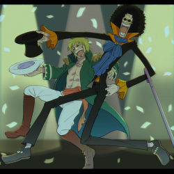 Rule 34 | 2boys, ;d, afro, arm behind back, black hair, blonde hair, brook (one piece), cane, coat, cowboy hat, dancing, facial hair, facial mark, hat, unworn hat, unworn headwear, male focus, multiple boys, one eye closed, one piece, open clothes, open mouth, open shirt, smile, sunglasses, tomatop, yorki