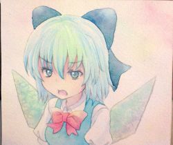 Rule 34 | 1girl, blue eyes, blue hair, bow, cirno, hair bow, highres, ice, ice wings, matching hair/eyes, open mouth, painting (medium), solo, touhou, traditional media, watercolor (medium), wings, yuyu (00365676)