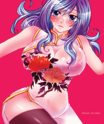 Rule 34 | 1girl, bare shoulders, blue hair, blush, breasts, chinese clothes, cum, fairy tail, juvia lockser, long hair, open mouth, pink background, purple eyes, thighhighs