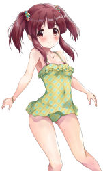 Rule 34 | 1girl, absurdres, bare arms, bare shoulders, blush, breasts, brown eyes, brown hair, casual one-piece swimsuit, closed mouth, collarbone, commentary request, covered navel, feet out of frame, frilled swimsuit, frills, gluteal fold, green one-piece swimsuit, highres, idolmaster, idolmaster cinderella girls, kuroba aki, long hair, looking at viewer, ogata chieri, one-piece swimsuit, sidelocks, simple background, small breasts, smile, solo, standing, swimsuit, twintails, white background