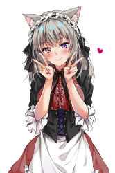 Rule 34 | 1girl, absurdres, animal ears, blush, breasts, cat ears, corset, cowboy shot, double v, frills, grey hair, hairband, head tilt, heart, highres, long hair, looking at viewer, maid headdress, marisasu (marisa0904), medium breasts, original, simple background, smile, solo, standing, v, white background