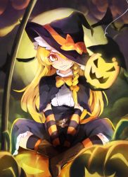 Rule 34 | 1girl, black gloves, black hat, black socks, blonde hair, blush, boots, bow, brown footwear, chiroru (cheese-roll), elbow gloves, gloves, hair bow, halloween, hat, hat bow, hat ribbon, highres, jack-o&#039;-lantern, kirisame marisa, knee boots, kneehighs, long hair, looking at viewer, multicolored clothes, multicolored gloves, orange bow, orange gloves, orange ribbon, orange socks, parted lips, pumpkin, ribbon, sitting, sketch, smile, socks, solo, striped clothes, striped socks, teeth, touhou, witch hat, yellow eyes
