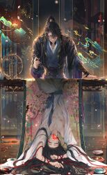 Rule 34 | 2boys, arms up, bishounen, black hair, blue robe, blue sash, blush, bug, butterfly, chinese clothes, chinese commentary, chu wanning, closed eyes, collarbone, commentary request, erha he tadebai mao shizun, eyelashes, falling petals, glowing butterfly, gold trim, hair between eyes, hair ornament, high ponytail, highres, holding, holding paintbrush, indoors, insect, kingchenxi, lamp, lattice, long hair, long sleeves, looking at viewer, male focus, mo ran, multiple boys, open clothes, open robe, paint, paintbrush, paintbrush rack, parted bangs, parted lips, pectorals, petals, ponytail, red rope, robe, rope, sash, scroll, sidelocks, smile, standing, table, through medium, through painting, upside-down, vambraces, white robe, wide sleeves, wooden floor, yellow eyes