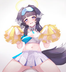Rule 34 | 1girl, absurdres, bare shoulders, black hair, blue archive, blush, breasts, cheerleader, crop top, hibiki (blue archive), hibiki (cheer squad) (blue archive), highres, holding, holding pom poms, long hair, looking at viewer, midriff, millennium cheerleader outfit (blue archive), miniskirt, navel, open mouth, panties, pleated skirt, pom pom (cheerleading), pom poms, psypolo d, purple eyes, skirt, sleeveless, small breasts, solo, tail, underwear, upskirt
