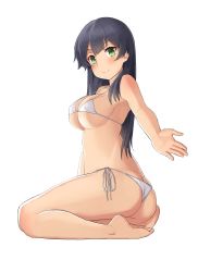 Rule 34 | 10s, 1girl, absurdres, agano (kancolle), alternate costume, ass, bad id, bad pixiv id, bare arms, bare back, bare legs, bare shoulders, bikini, black hair, breasts, butt crack, from side, full body, green eyes, highres, kantai collection, kneeling, large breasts, long hair, micro bikini, osananajimi neko, reaching, reaching towards viewer, side-tie bikini bottom, simple background, sitting, skindentation, smile, solo, swimsuit, thighs, toes, white background, white bikini