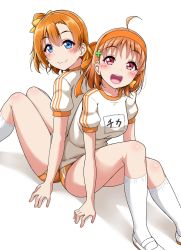 Rule 34 | 2girls, :d, ahoge, back-to-back, blue eyes, blush, bow, braid, buruma, clover hair ornament, commentary request, four-leaf clover hair ornament, gym uniform, hair bow, hair ornament, hairband, highres, in-franchise crossover, kneehighs, kosaka honoka, looking at viewer, looking back, love live!, love live! school idol project, love live! sunshine!!, multiple girls, name tag, one side up, open mouth, orange buruma, orange hair, orange ribbon, red eyes, ribbon, shoes, short sleeves, side braid, simple background, sitting, smile, socks, takami chika, uwabaki, white background, white legwear, yellow bow, yopparai oni