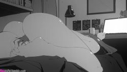 Rule 34 | 1girl, animated, animated gif, ass, barefoot, bedroom, commentary, completely nude, computer, dildo, ear piercing, english commentary, feet, female masturbation, flou (flou art), foreshortening, greyscale, laptop, long hair, looping animation, lying, masturbation, monochrome, nude, object insertion, original, piercing, pussy, pussy juice, screen light, sex toy, shiny skin, solo, toe scrunch, toes, uncensored, vaginal, vaginal object insertion, watermark, web address