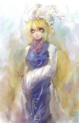 Rule 34 | 1girl, blonde hair, faux traditional media, fox tail, hat, hiepita (1014), highres, looking at viewer, multiple tails, solo, tail, touhou, yakumo ran, yellow eyes