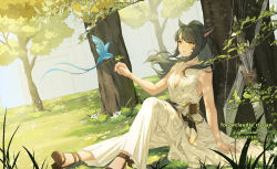 Rule 34 | 1girl, arrow (projectile), warrior of light (ff14), bird, black hair, blue bird, bow (weapon), breasts, cleavage, commission, facial mark, final fantasy, final fantasy xiv, highres, long hair, lyra-kotto, medium breasts, miqo&#039;te, outdoors, ponytail, quiver, sitting, slit pupils, solo, square enix, tree, weapon, whisker markings, yellow eyes