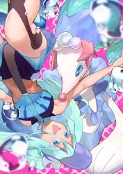 Rule 34 | 1girl, :d, absurdres, bare arms, blue eyes, blue vest, blurry, blurry foreground, bossan 3310, colored eyelashes, commentary request, creatures (company), crossover, game freak, gen 7 pokemon, green hair, hair between eyes, happy, hatsune miku, highres, long hair, looking to the side, nintendo, open mouth, outstretched arm, pink background, pokemon, pokemon (creature), primarina, project voltage, shorts, smile, teeth, twintails, upper teeth only, vest, visor cap, vocaloid, water drop, water miku (project voltage), zipper pull tab