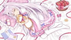 Rule 34 | 1girl, animal ears, apple, basket, bed sheet, bell, blue bow, bow, cat ears, cat girl, cat hair ornament, cat tail, cellphone, closed eyes, closed mouth, commentary request, commission, dress, flower, food, frilled dress, frilled pillow, frills, fruit, hair ornament, hairclip, hitsuki rei, indie virtual youtuber, jingle bell, lying, no shoes, hugging object, on side, over-kneehighs, phone, phone with ears, pillow, pink bow, red apple, red bow, smile, solo, stuffed animal, stuffed cat, stuffed toy, tail, tail bell, tail bow, tail ornament, thighhighs, vanilla shironeko, virtual youtuber, watermark, white dress, white flower, white thighhighs, yellow flower