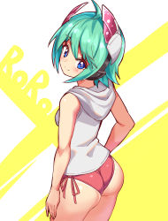 Rule 34 | 1girl, ass, azure striker gunvolt, bare shoulders, bikini, bikini under clothes, blue eyes, blush, breasts, cougar (cougar1404), from above, from behind, green hair, headgear, hood, hood down, looking at viewer, looking back, looking up, medium breasts, roro (gunvolt), shiny clothes, shiny skin, short hair, sideboob, smile, solo, swimsuit, wedgie