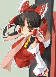 Rule 34 | 1girl, black hair, bow, detached sleeves, female focus, from above, hair bow, hakurei reimu, japanese clothes, miko, perfect cherry blossom, scarf, solo, touhou, wapokichi, yellow eyes