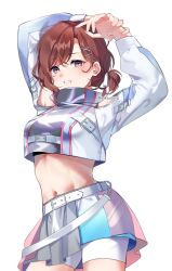 Rule 34 | 1girl, alternate costume, alternate hairstyle, arms up, banned artist, belt, breasts, brown hair, hair ornament, hairclip, highres, higuchi madoka, idolmaster, idolmaster shiny colors, long sleeves, looking at viewer, medium breasts, midriff, mole, mole under eye, navel, purple eyes, sake dong, short hair, simple background, skirt, solo, stomach, twitter username, white background