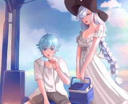 Rule 34 | 1boy, 1girl, absurdres, artist request, aunt and nephew, backless dress, backless outfit, blue eyes, blue hair, braid, breasts, chongyun (genshin impact), cleavage, cloud, cloudy sky, dress, earrings, food, genshin impact, hair over one eye, hat, highres, holding, jewelry, lipstick, long bangs, long hair, looking at another, low-braided long hair, low-tied long hair, makeup, one eye covered, open mouth, picnic basket, popsicle, reflection, shenhe (genshin impact), shirt, shorts, sitting, sky, sun hat, sundress, tassel, tassel earrings