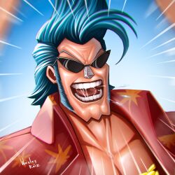 Rule 34 | 1boy, artist name, blue hair, commentary, english commentary, franky (one piece), hawaiian shirt, highres, long sideburns, male focus, one piece, open mouth, portrait, realistic, saliva, shirt, short hair, sideburns, smile, solo, spiked hair, sunglasses, teeth, wesley reiz (maskriscado)