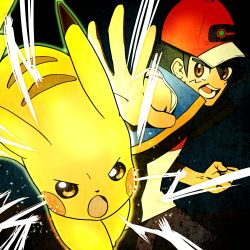 Rule 34 | 1boy, absurdres, ash ketchum, baseball cap, black hair, blue vest, brown eyes, clenched hand, cowboy shot, creatures (company), electricity, game freak, gen 1 pokemon, hat, highres, light, looking at viewer, nintendo, open clothes, open hand, open mouth, open vest, pikachu, pokemon, pokemon (anime), pokemon (creature), pokemon journeys, red headwear, shadow, shirt, short hair, shorts, teeth, tongue, vest, white shirt