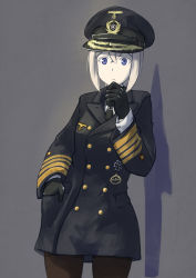Rule 34 | 10s, 1girl, :&lt;, adapted uniform, against wall, black pantyhose, blonde hair, buttons, coat, cowboy shot, cross, double-breasted, erica (naze1940), female admiral (kancolle), germany, gloves, hand in pocket, hand on own chin, hat, highres, iron cross, kantai collection, kriegsmarine, medal, military, military uniform, naval uniform, necktie, pantyhose, peaked cap, purple eyes, reichsadler, shadow, short hair, simple background, solo, uniform, visor cap, world war ii
