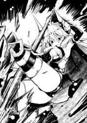 Rule 34 | 10s, 1girl, :d, ahoge, artist request, ass, blush, breasts, draph, elbow gloves, female focus, gloves, granblue fantasy, greyscale, hair between eyes, horns, large breasts, long hair, miniskirt, monochrome, open mouth, panties, pantyshot, simple background, skirt, smile, solo, thighhighs, threo (granblue fantasy), underwear, white background