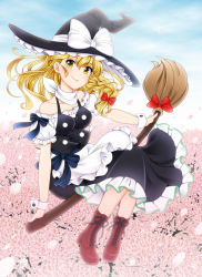 Rule 34 | 1girl, apron, bad id, bad pixiv id, black hat, blonde hair, boots, bow, braid, breasts, broom, broom riding, brown footwear, cherry blossoms, cloud, cloudy sky, cross-laced footwear, day, flying, frills, full body, hair ribbon, hat, hat bow, highres, kirisame marisa, long hair, looking at viewer, maid apron, medium breasts, off shoulder, petals, ribbon, short sleeves, side braid, skirt, skirt set, sky, smile, solo, touhou, tress ribbon, vest, witch hat, wrist cuffs, yellow eyes, yuricyan