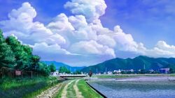 Rule 34 | blue sky, bridge, building, chain-link fence, cloud, commentary request, day, fence, highres, house, koyama satsuki, mountain, mountainous horizon, no humans, original, outdoors, power lines, railing, rice paddy, road, rural, scenery, sign, sky, stream, summer, tree, vanishing point