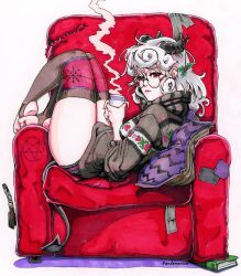 Rule 34 | 1girl, absurdres, armchair, black horns, chair, cup, demon girl, demon horns, demon tail, helltaker, highres, holding, holding cup, horns, looking at viewer, lying, on back, pandemonica (helltaker), panties, paperskinned, pillow, red eyes, round eyewear, sweater, tail, thighhighs, thighs, underwear, white background