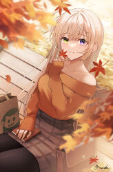 1girl absurdres amaneko_(amaneko_y) autumn autumn_leaves bare_shoulders bench black_pantyhose blonde_hair blush brown_skirt brown_sweater collarbone hand_up heterochromia highres leaf long_hair long_sleeves looking_at_viewer maple_leaf notebook off-shoulder_sweater off_shoulder original outdoors pantyhose parted_lips pencil_skirt plaid_clothes plaid_skirt sitting skirt smile solo sweater