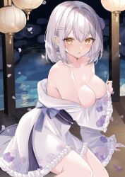 Rule 34 | 1girl, blush, breasts, cleavage, floral print, frilled kimono, frills, hair ornament, hairclip, highres, indoors, japanese clothes, kimono, lantern, large breasts, long sleeves, looking at viewer, obi, off shoulder, original, paper lantern, petals, sash, short hair, solo, white hair, wide sleeves, yellow eyes, ymkrnchan