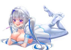 Rule 34 | 1girl, absurdres, alternate breast size, amane kanata, amane kanata (nurse), ass, bandaged arm, bandages, breasts, cleavage, detached collar, dress, eyelashes, feet, feet up, gloves, grey hair, hair ornament, highres, holding, holding syringe, hololive, huge breasts, jagoo, legs, long hair, looking at viewer, lying, multicolored hair, no shoes, official alternate costume, on stomach, open mouth, pantyhose, purple eyes, shiny clothes, short dress, short sleeves, simple background, single hair intake, skindentation, smile, soles, solo, streaked hair, syringe, the pose, thighs, toes, twintails, virtual youtuber, white background, white dress, white gloves, white pantyhose, x hair ornament