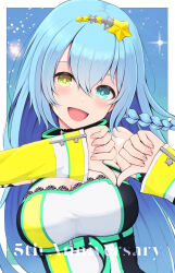 Rule 34 | + +, 1girl, :d, absurdres, anniversary, black hairband, blue eyes, blue hair, blush, braid, breasts, cleavage, commentary request, double thumbs down, dress, hair between eyes, hair ornament, hairband, heterochromia, highres, long sleeves, medium breasts, open mouth, sleeves past wrists, smile, solo, sophi ly channel, sophia code, star (symbol), star hair ornament, temari rin, upper body, virtual youtuber, white dress, yellow eyes