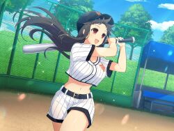 Rule 34 | 1girl, :d, ayame (senran kagura), baseball, baseball bat, baseball cap, baseball jersey, baseball stadium, baseball uniform, belt, belt buckle, bench, black belt, black hair, blue sky, blush, breasts, buckle, chain-link fence, cleavage, cloud, crop top, crop top overhang, day, fence, field, flying sweatdrops, grass, hat, holding, holding baseball bat, large breasts, lens flare, light particles, linea alba, long hair, metal baseball bat, midriff, navel, official alternate costume, official art, open mouth, outdoors, over shoulder, plant, playing sports, red eyes, school emblem, senran kagura, senran kagura new link, senran kagura new wave, shiny skin, short shorts, short sleeves, shorts, sky, smile, solo, sparkle, sportswear, standing, stomach, sweat, swinging, tree, white shorts, yaegashi nan